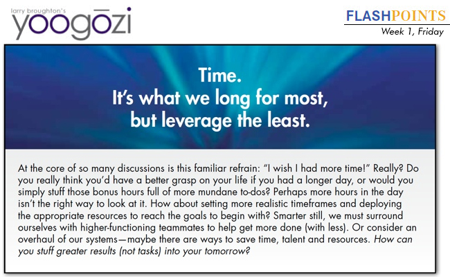 At the core of so many discussions is this familiar refrain: “I wish I had more time!” Really? Do you really think you’d have a better grasp on your life if you had a longer day, or would you simply stuff those bonus hours full of more mundane to-dos? Perhaps more hours in the day isn’t the right way to look at it. How about setting more realistic timeframes and deploying the appropriate resources to reach the goals to begin with? Smarter still, we must surround ourselves with higher-functioning teammates to help get more done (with less). Or consider an overhaul of our systems—maybe there are ways to save time, talent and resources. How can you stuff greater results (not tasks) into your tomorrow?