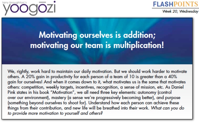 We, rightly, work hard to maintain our daily motivation. But we should work harder to motivate others. A 20% gain in productivity for each person of a team of 10 is greater than a 40% gain for ourselves! And when it comes down to it, what motivates us is the same that motivates others: competition, weekly targets, incentives, recognition, a sense of mission, etc. As Daniel Pink states in his book “Motivation”, we all need three key elements: autonomy (control over our environment), mastery (a sense we’re progressively becoming better), and purpose (something beyond ourselves to shoot for). Understand how each person can achieve these things from their contribution, and new life will be breathed into their work. What can you do to provide more motivation to yourself and others?
