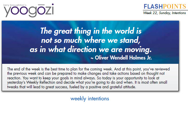 The end of the week is the best time to plan for the coming week. And at this point, you’ve reviewed the previous week and can be prepared to make changes and take actions based on thought not reaction. You want to keep your goals in mind always. So today is your opportunity to look at yesterday’s Weekly Reflection and decide what you’re going to do and when. It is most often small tweaks that will lead to great success, fueled by a positive and grateful attitude.