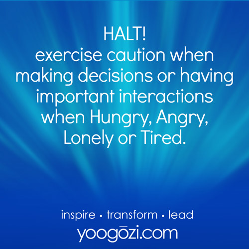 HALT! exercise caution when making decisions or having important interactions when Hungry, Angry, Lonely or Tired.